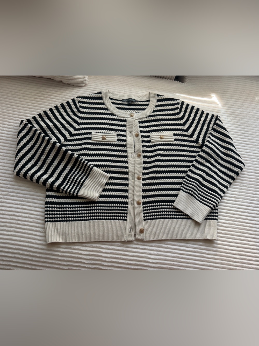 Adrianna Papell Black Ivory Striped Gold Button Cardigan Large